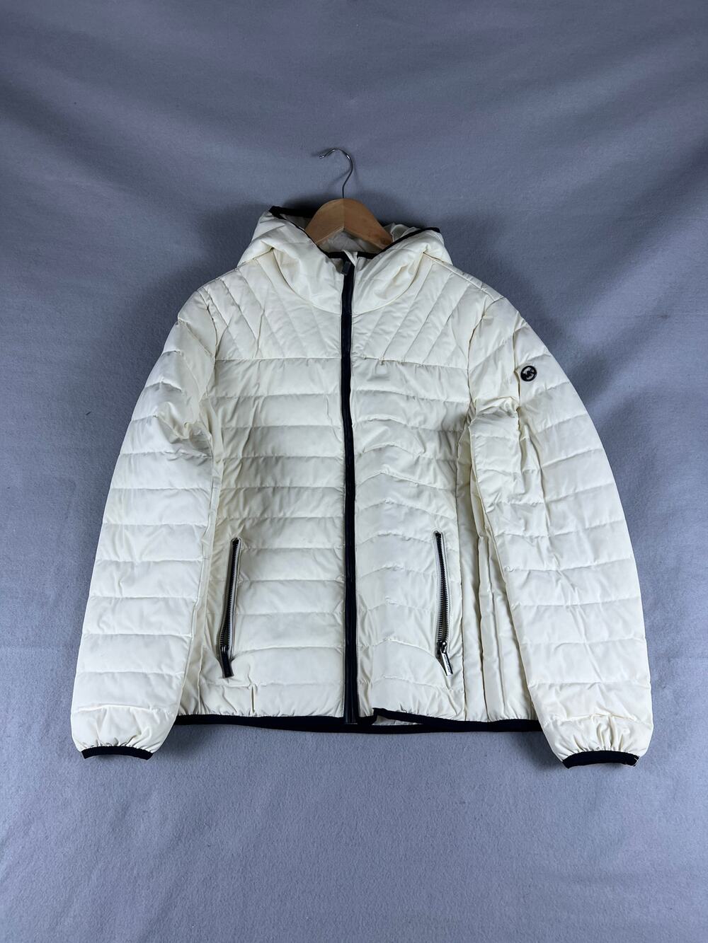 Michael Kors Puffer Jacket Womens L Cream Hooded Down Fill Packable Insulated